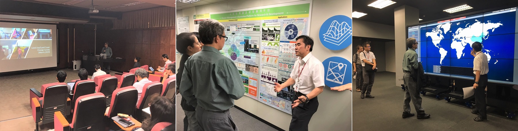 (left) NECTEC researcher describes their achievements. (center) NCHC Deputy Director General Lin Hsi Ching talks about AI disaster prevention application. (right) An introduction to cyber security at NCHC. (left) NECTEC researcher describes their achievements. (center) NCHC Deputy Director General Lin Hsi Ching talks about AI disaster prevention application. (right) An introduction to cyber security at NCHC.