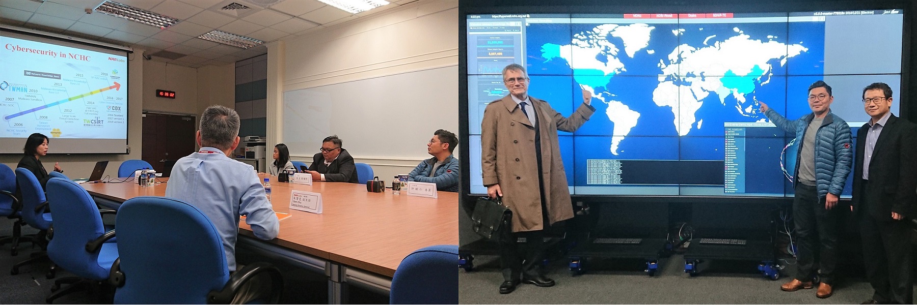 (left) Yang Jia-li, research fellow, talks about the state of cyber security in Taiwan. (right) The visitors learn about real-time global cyber security attacks and defense measures. (left) Yang Jia-li, research fellow, talks about the state of cyber security in Taiwan. (right) The visitors learn about real-time global cyber security attacks and defense measures.