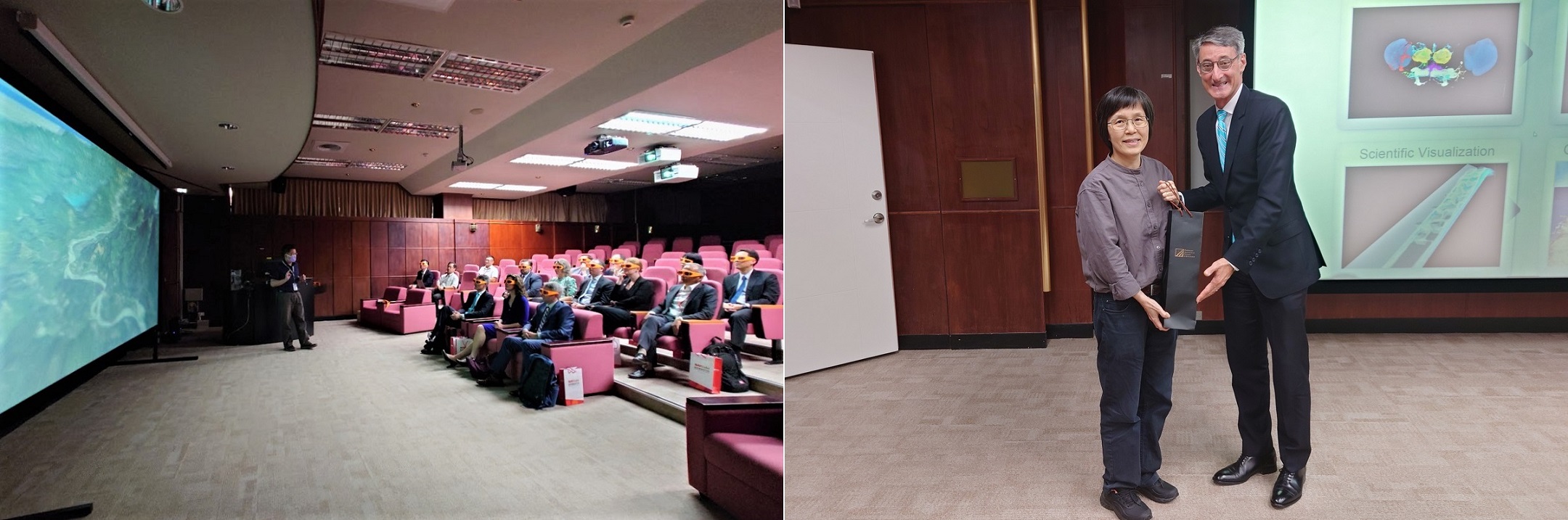 (Left photo) Research fellow Charlie Chang showed the results of scientific visual computing simulations (Right photo) Mr. Jason Donovan of the visiting delegation and NCHC Deputy Director General Chen Min exchanged gifts.