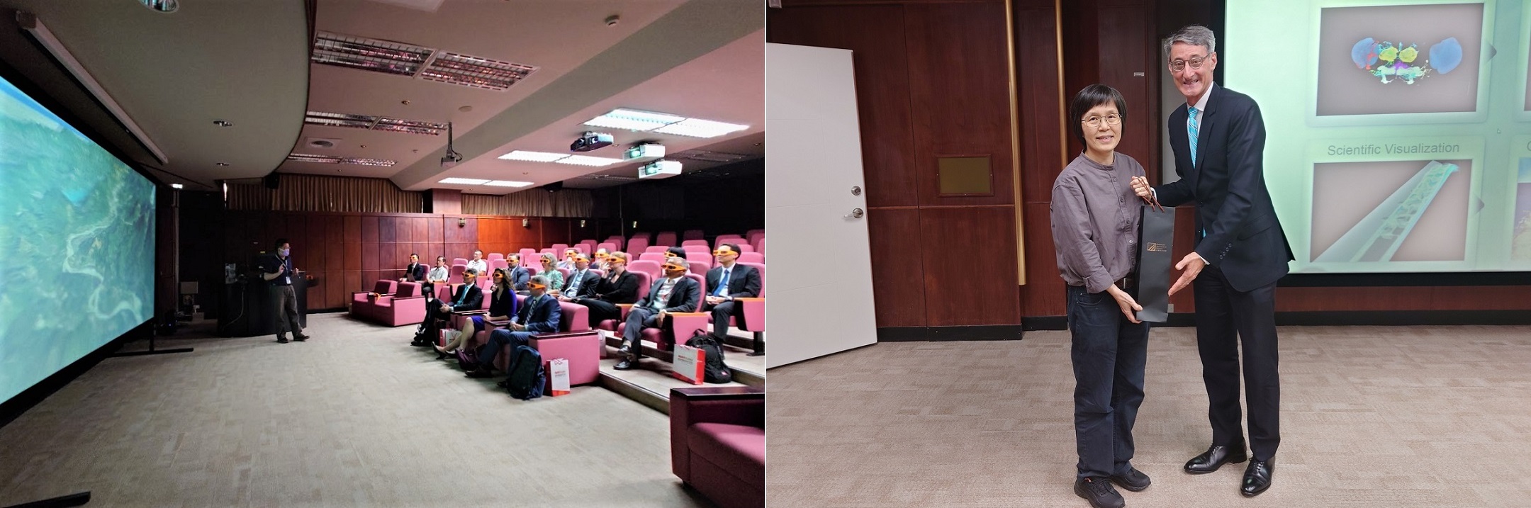 (Left photo) Research fellow Charlie Chang showed the results of scientific visual computing simulations (Right photo) Mr. Jason Donovan of the visiting delegation and NCHC Deputy Director General Chen Min exchanged gifts. (Left photo) Research fellow Charlie Chang showed the results of scientific visual computing simulations (Right photo) Mr. Jason Donovan of the visiting delegation and NCHC Deputy Director General Chen Min exchanged gifts.