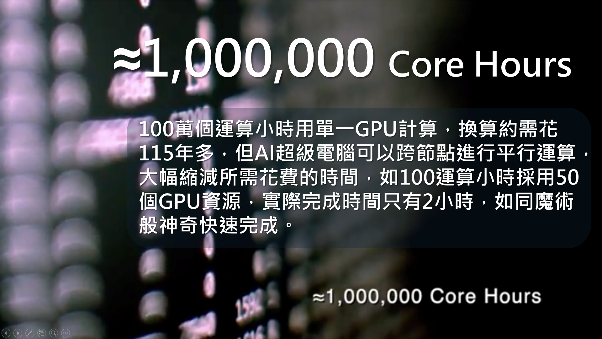 小知識(2)-趨近100萬運算小時:100萬個運算小時用單一GPU計算,換算約需花115年多,但AI超級電腦可以跨節點進行平行運算,大幅縮減所需花費的時間