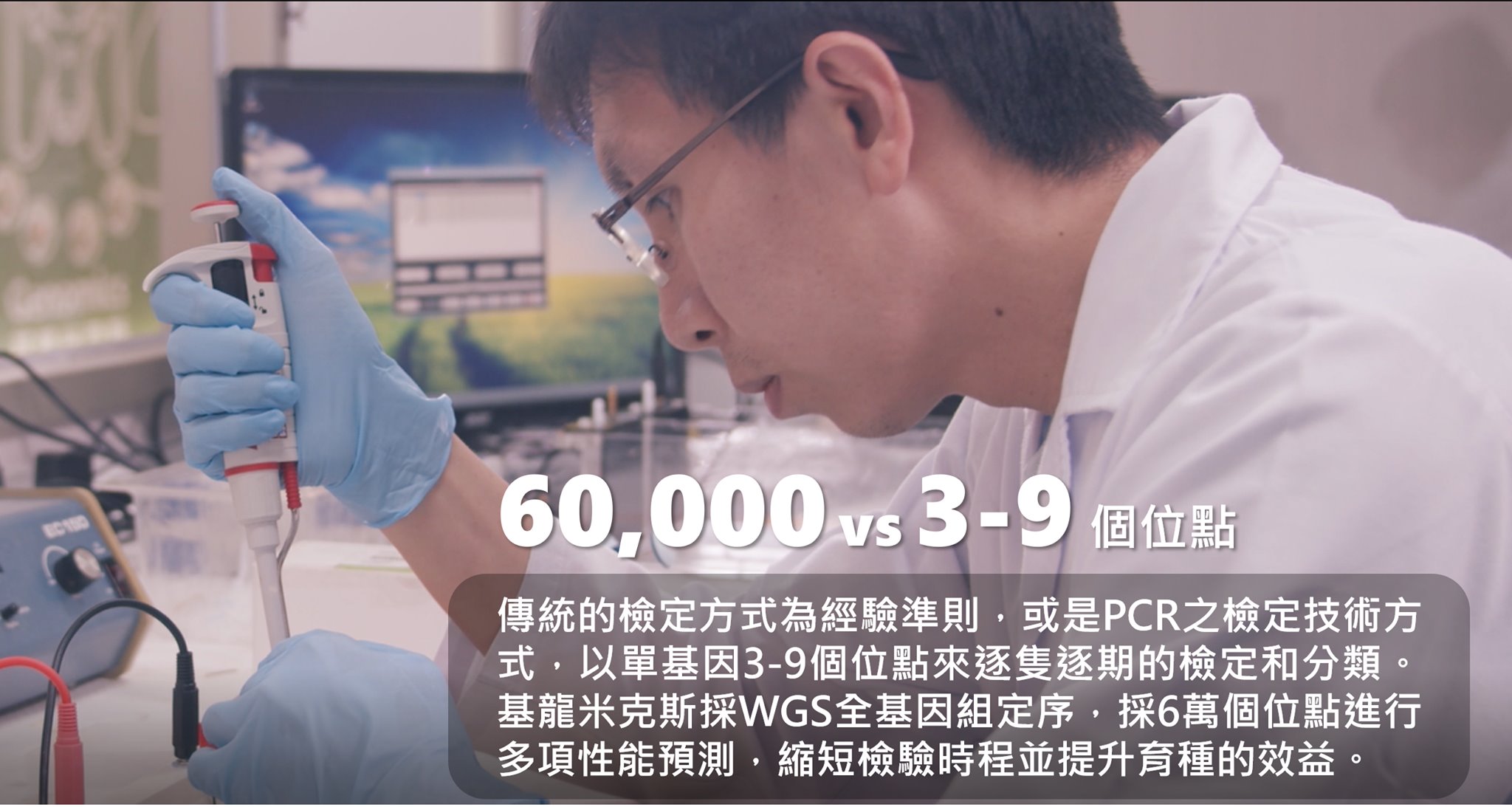 小知識(3) 6萬個位點:傳統的檢定方式為經驗準則,或是PCR之檢定技術方式,以單基因3-9個位點六逐隻逐基的檢定和分類,基龍米克斯採WGS全基因組定序縮短檢驗時程 小知識(3) 6萬個位點:傳統的檢定方式為經驗準則,或是PCR之檢定技術方式,以單基因3-9個位點六逐隻逐基的檢定和分類,基龍米克斯採WGS全基因組定序縮短檢驗時程