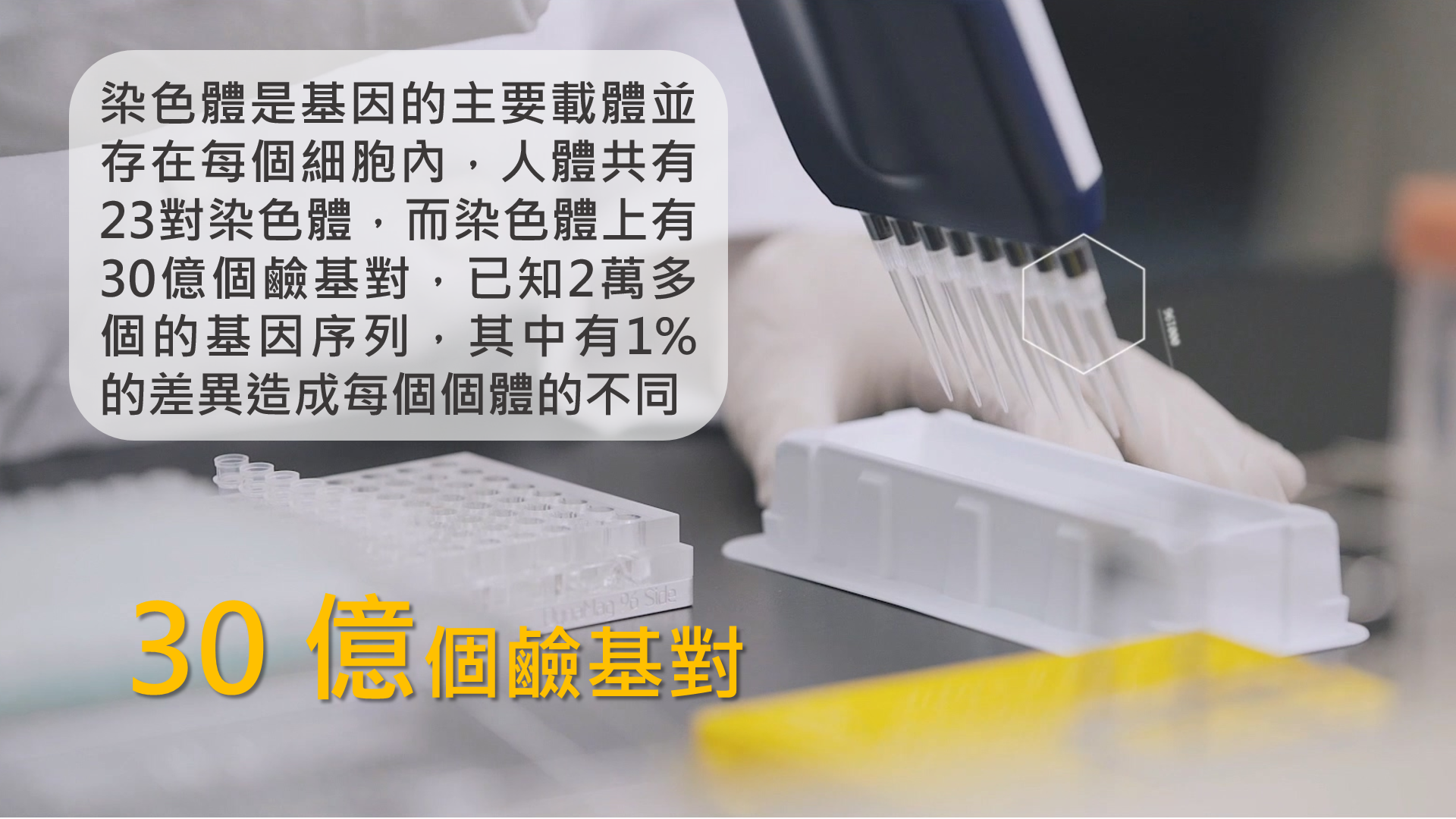 小知識(2)-30 億個鹼基對:染色體是基因的主要載體並存在每個細胞內,人體共有23對染色體,而染色體上有30億個鹼基對,已知2萬多個的基因序列,其中有1%的差異造成每個個體的不同