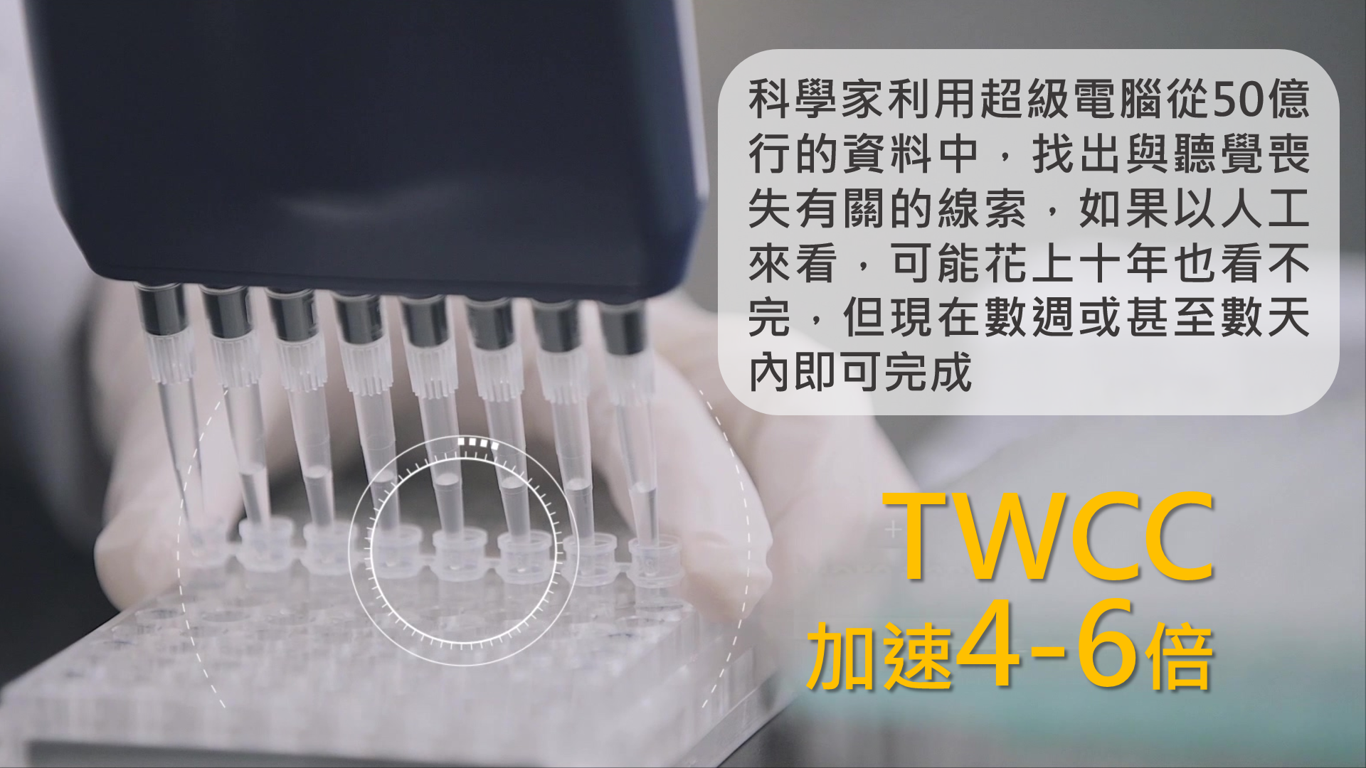 小知識(4)-TWCC加速4-6倍:科學家利用超級電腦從50億行的資料中,找出與聽覺喪失有關的線索,如果以人工來看,可能花上十年也看不完,但現在數週或甚至數天內即可完成
