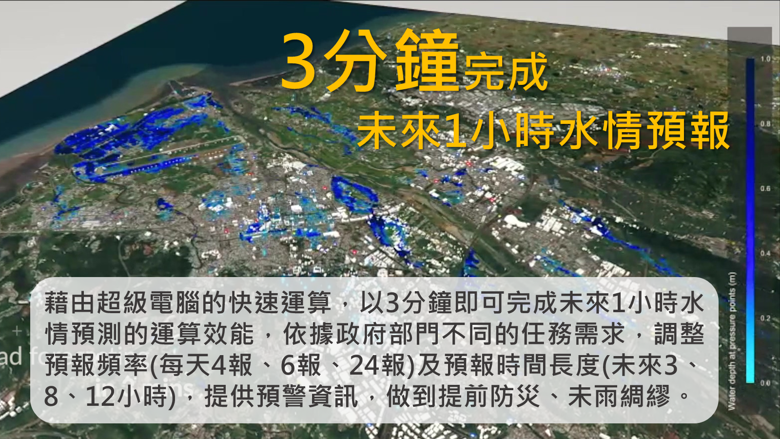 小知識(2)-3分鐘完成未來1小時水情預報：藉由超級電腦的快速運算，以3分鐘即可完成未來1小時水情預測的運算效能，依據政府部門不同的任務需求，調整預報頻率(每天4報、6報、24報)及預報時間長度(未來3、8、12小時)，提供預警資訊，做到提前防災、未雨綢繆。