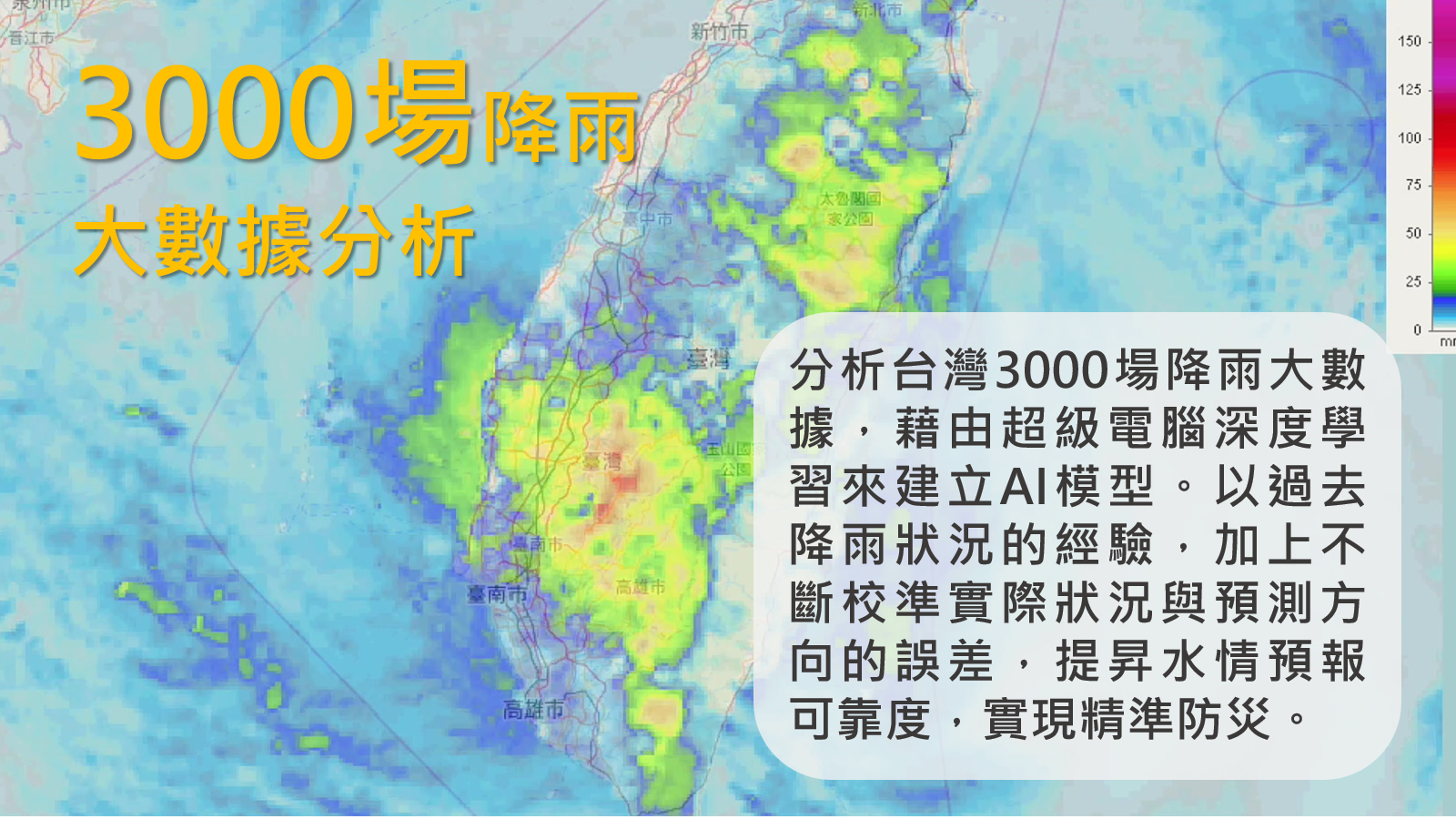 小知識(4)-3000場降雨大數據分析：分析台灣3000場降雨大數據，藉由超級電腦深度學習來建立AI模型。以過去降雨狀況的經驗，加上不斷校準實際狀況與預測方向的誤差，提昇水情預報可靠度，實現精準防災。