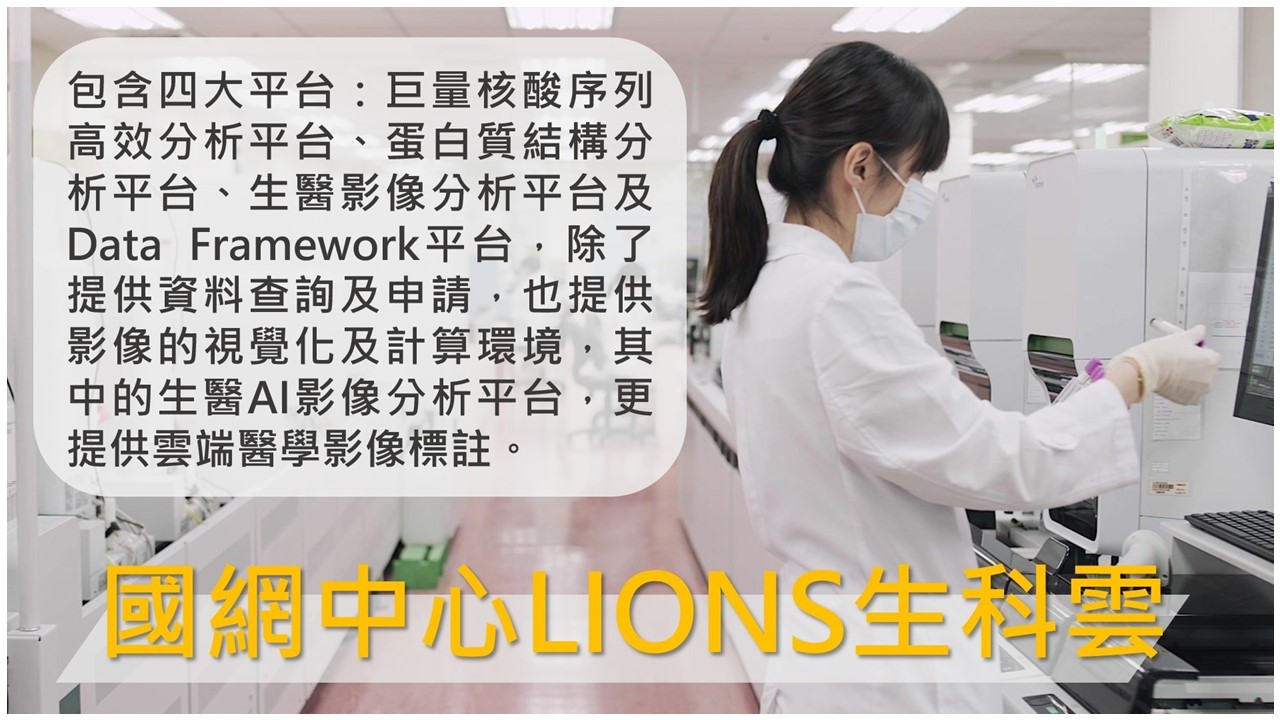 國網中心LIONS生科雲：包含四大平台，巨量核酸序列高效分析平台、蛋白質結構分析平台、生醫影像分析平台及Data Framework平台，除了提供資料查詢及申請，也提供影像的視覺化及計算環境，其中的生醫AI影像分析平台，更提供雲端醫學影像標註。