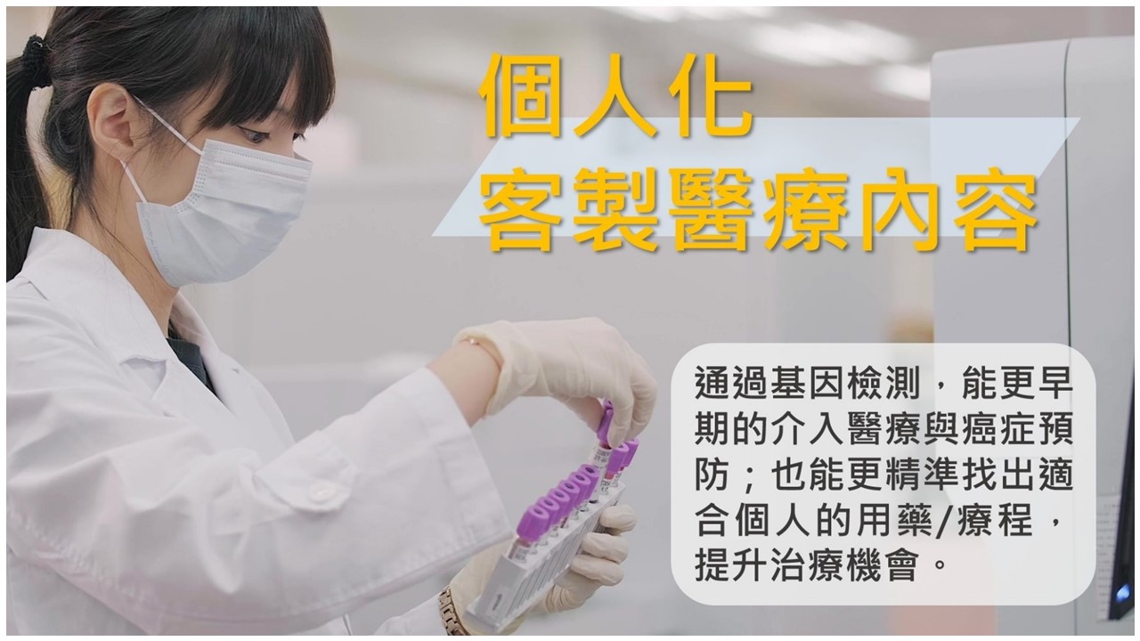個人化客製醫療內容：通過基因檢測，能更早期的介入醫療與癌症預防；也能更精準找出適合個人的用藥/療程，提升治療機會。