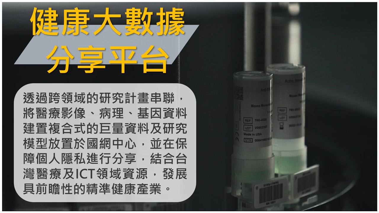 健康大數據分享平台：透過跨領域的研究計畫串聯，將醫療影像、病理、基因資料建置複合式的巨量資料及研究模型放置於國網中心，並在保障個人隱私進行分享，結合台灣醫療及ICT領域資源，發展具前瞻性的精準健康產業。