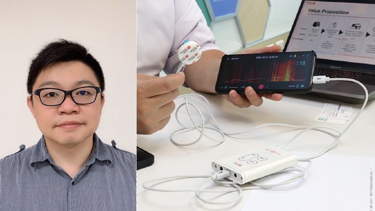 聿信醫療器材科技營運長鄭淵仁及所研發之AI即時呼吸聽診監測儀