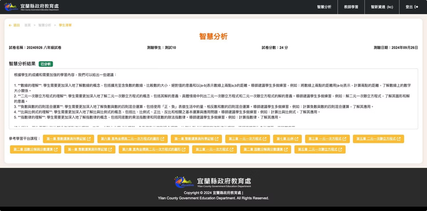 宜蘭縣教育處適性化學習分析系統測試頁面。